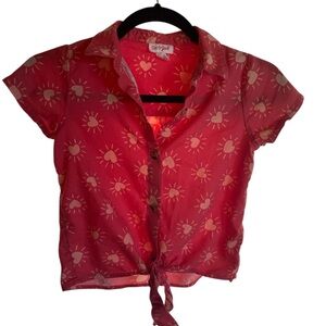 Cat & Jack Pink Tie-Front Shirt with Sun and Heart Pattern